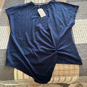 Navy Short Sleeve Front Knot Long Shirt - L